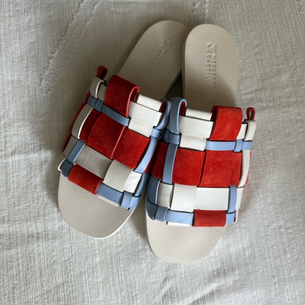 MERCEDES CASTILLO Niala Woven Color-block Sandals — Orange, White & Blue / 8.5